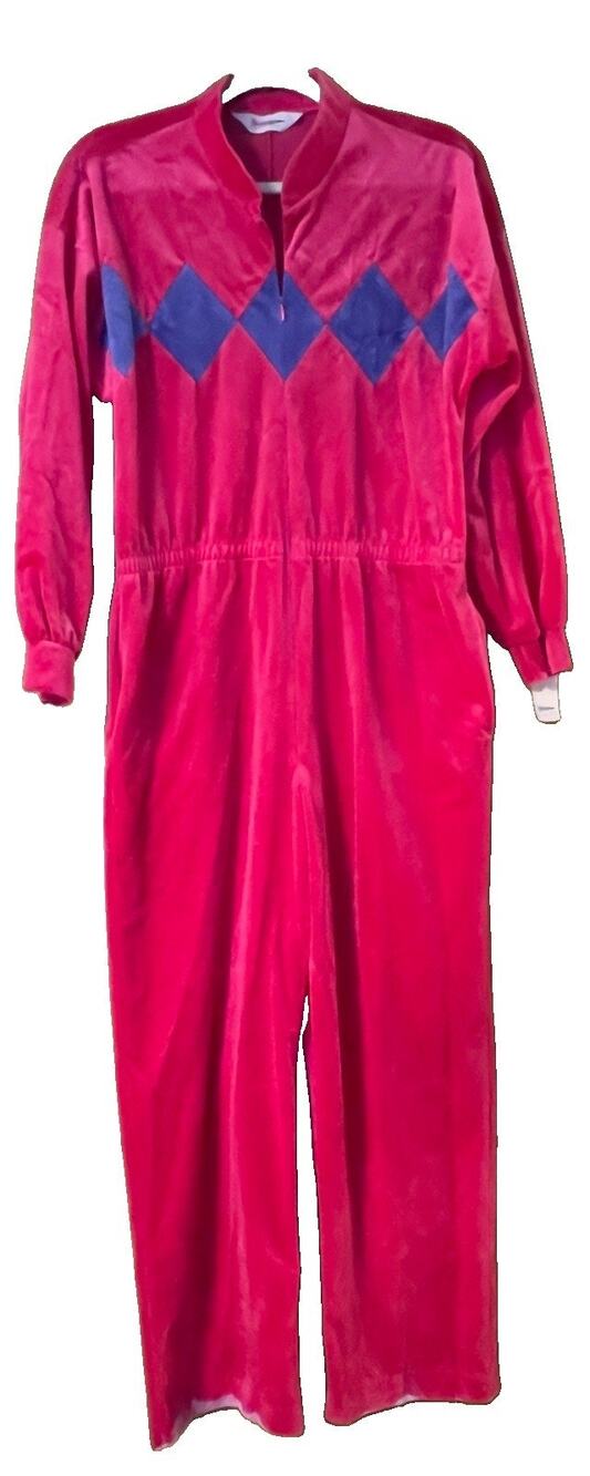 Vintage 80s Shadowline Velour Jumpsuit Women Small Pink NOS USA Pockets Read